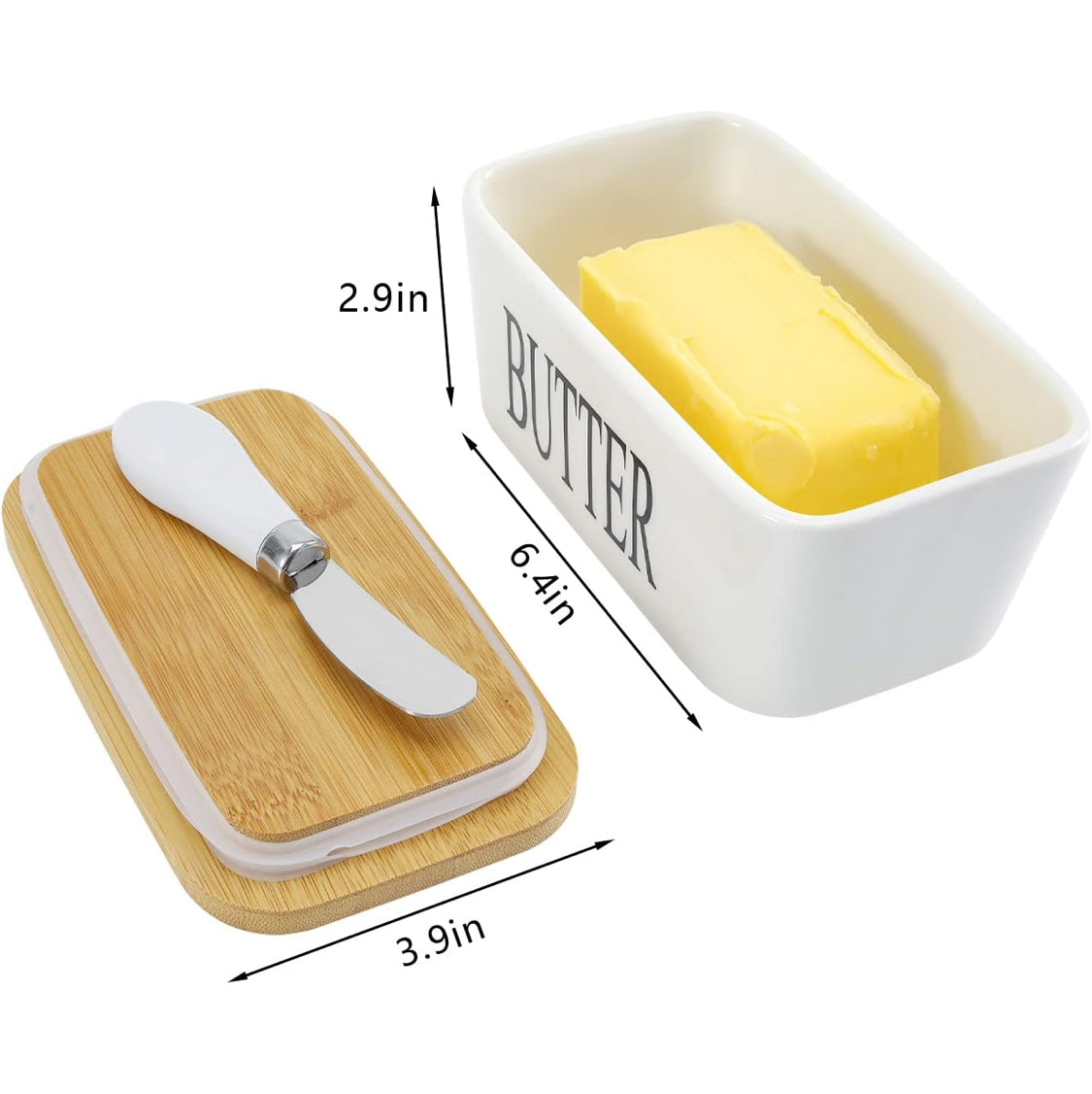 ButterLuxe | Keramik Butterschale mit Bambusdeckel & Edelstahlmesser | Zeitloses Design & einfache Handhabung | Für Frühstückstisch, Küche & Gäste