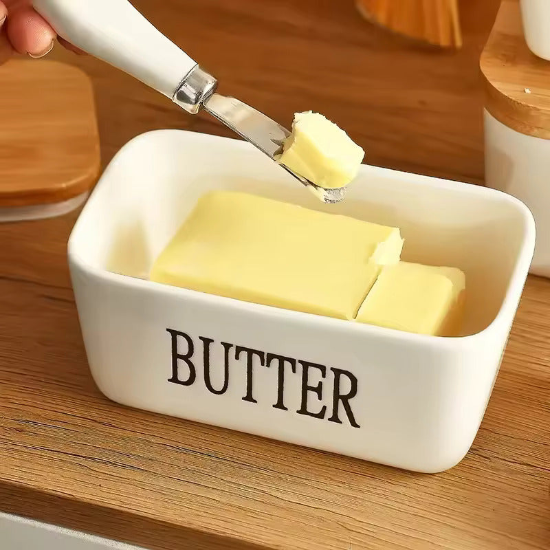 ButterLuxe | Keramik Butterschale mit Bambusdeckel & Edelstahlmesser | Zeitloses Design & einfache Handhabung | Für Frühstückstisch, Küche & Gäste