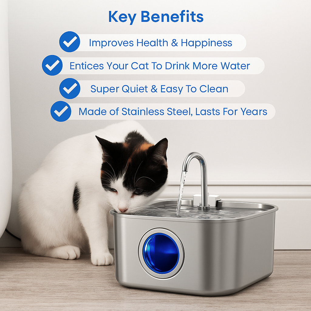 Aquaelix Trinkbrunnen Katze | Edelstahl & Hygienisch | Leise Pumpe | 2,5 L Volumen | Für Gesunde Hydration