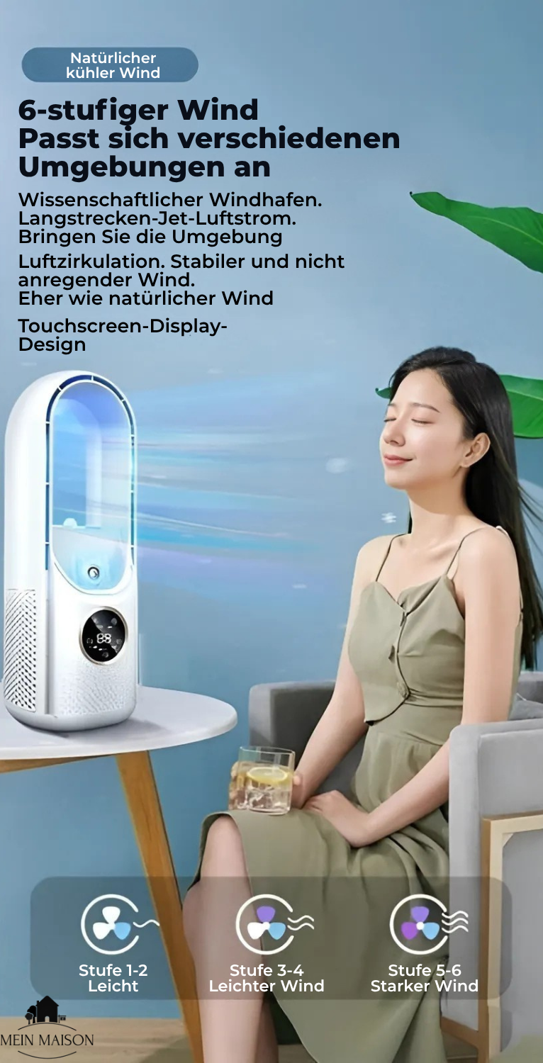 BrisaFlow Tisch-Luftkühler | 3-in-1 Kühlung & Befeuchtung | Bladeless Design | USB & Timer