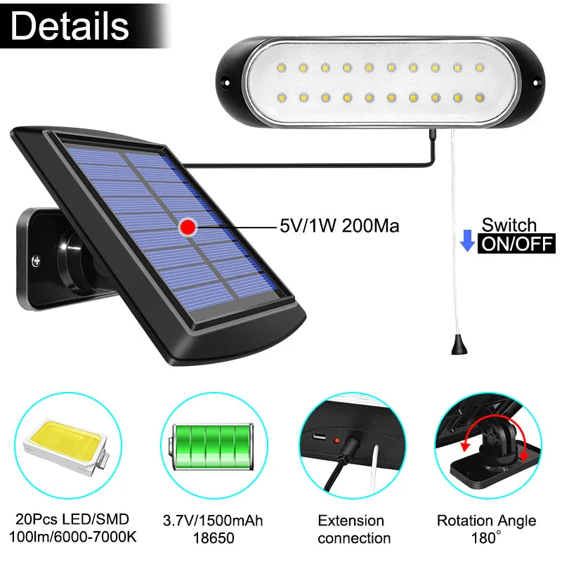 Solaria | Solarleuchte mit Zugschalter | 20 LEDs | Flexibel & Wasserdicht | Für Garten & Outdoor