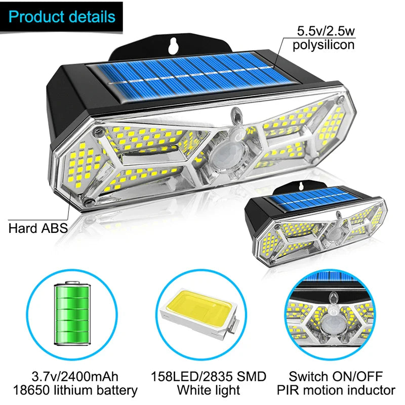 LuminoGuard | Solar LED Wandleuchte | 158 LEDs Bewegungsmelder | IP65 Wetterfest