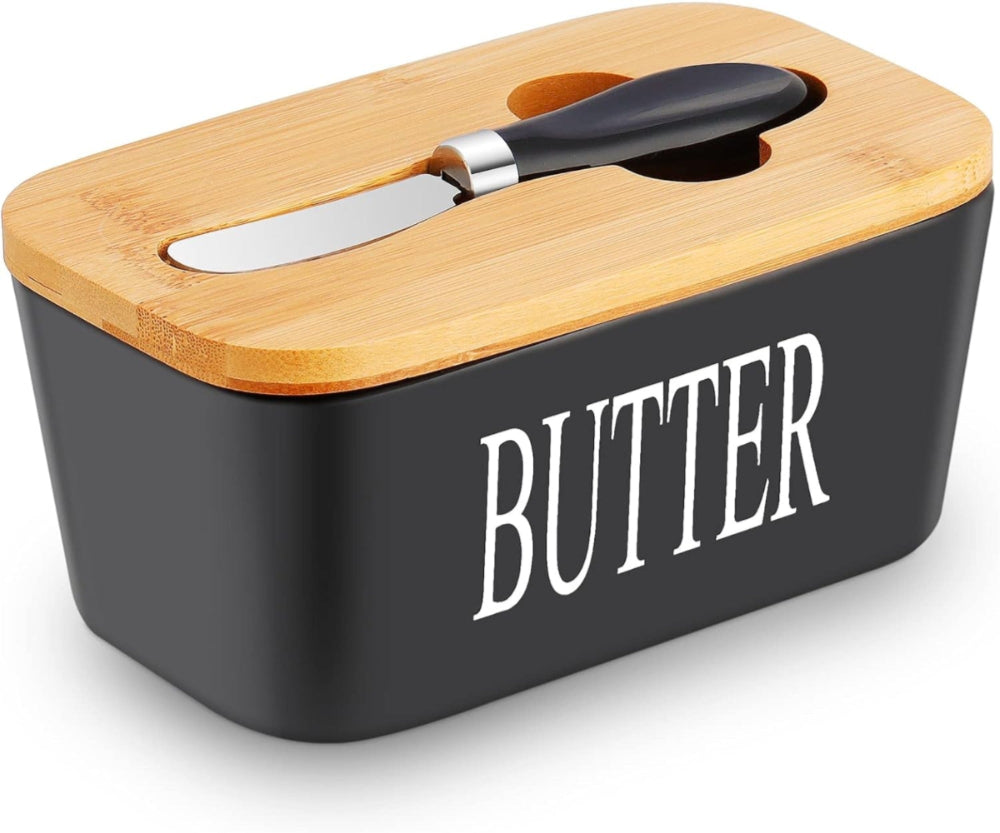 ButterLuxe | Keramik Butterschale mit Bambusdeckel & Edelstahlmesser | Zeitloses Design & einfache Handhabung | Für Frühstückstisch, Küche & Gäste