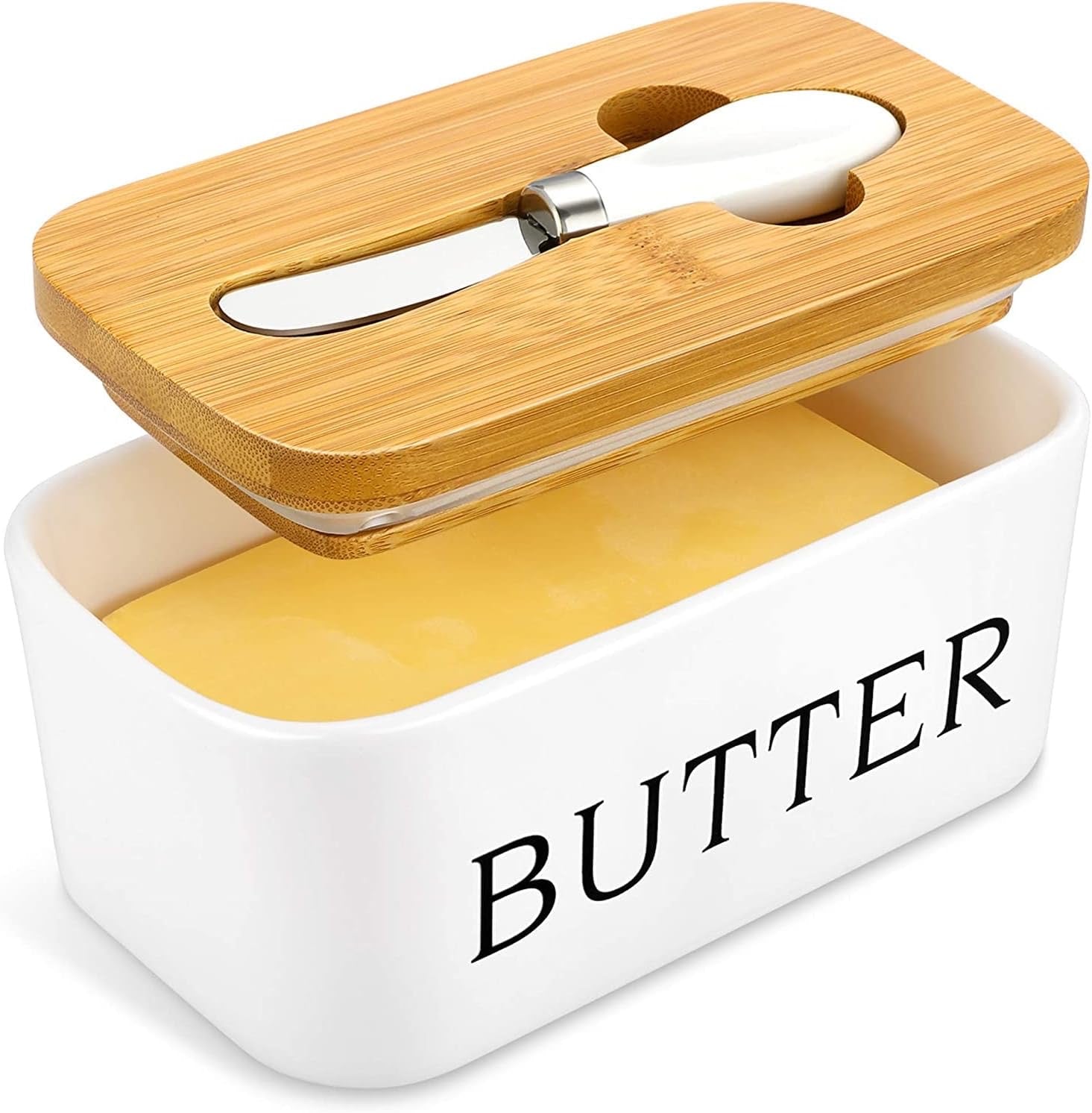 ButterLuxe | Keramik Butterschale mit Bambusdeckel & Edelstahlmesser | Zeitloses Design & einfache Handhabung | Für Frühstückstisch, Küche & Gäste