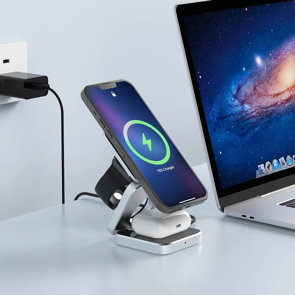 Voltura Charge | 3-in-1 Kabelloses Ladepad | Faltbar & Magnetisch | Für Smartphone, Uhr & Earbuds
