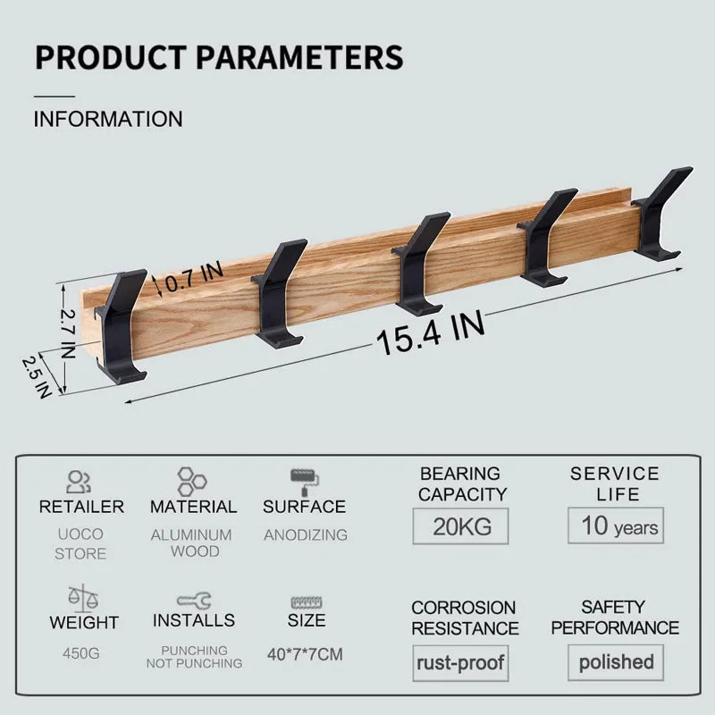 NordicFlex | Wandgarderobe Skandinavisch | Anpassbare Doppelhaken | Holz & Aluminium