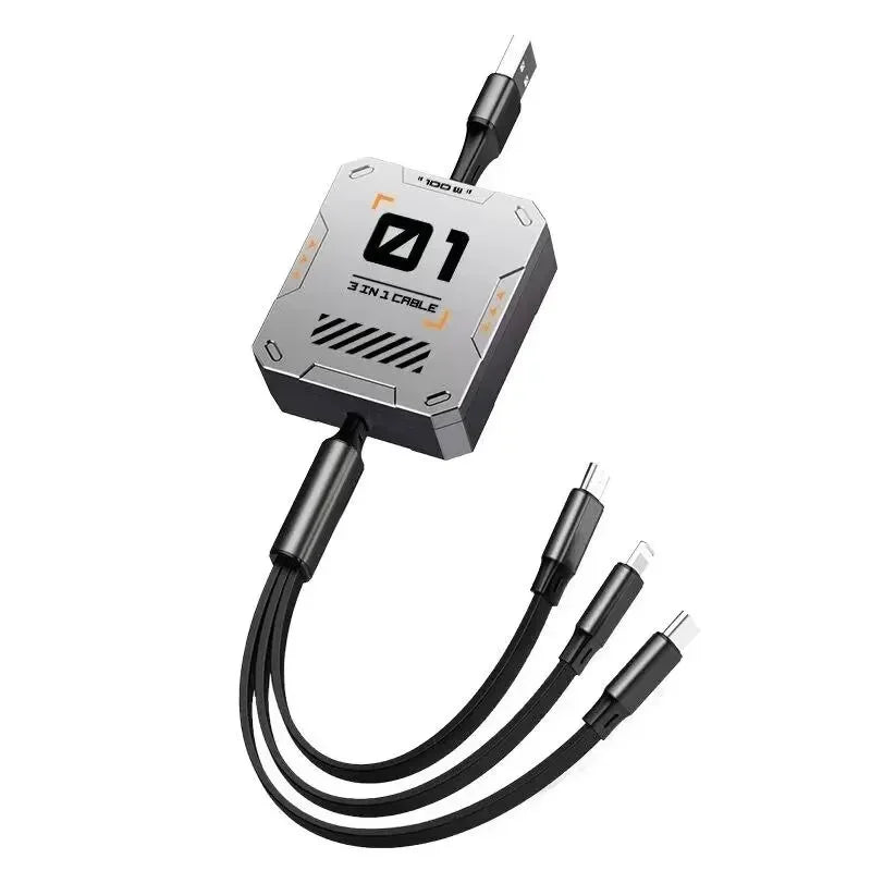 TriConnect Ladekabel | 3-in-1 & Ausziehbar | 100W Schnellladung | Für iPhone & Android