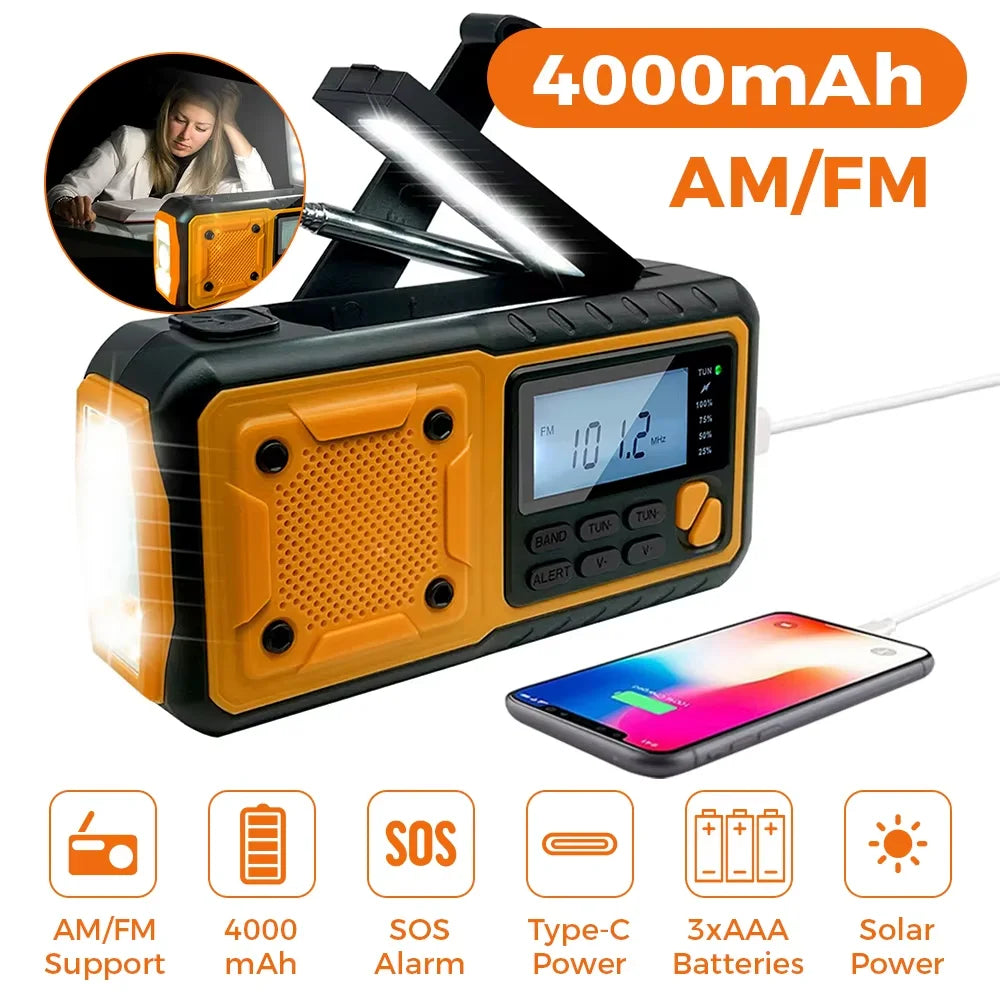 ResQPower | 4-in-1 Solar-Notfallradio | Mit SOS-Alarm, LED-Licht & Powerbank | USB, Handkurbel & Solar aufladbar