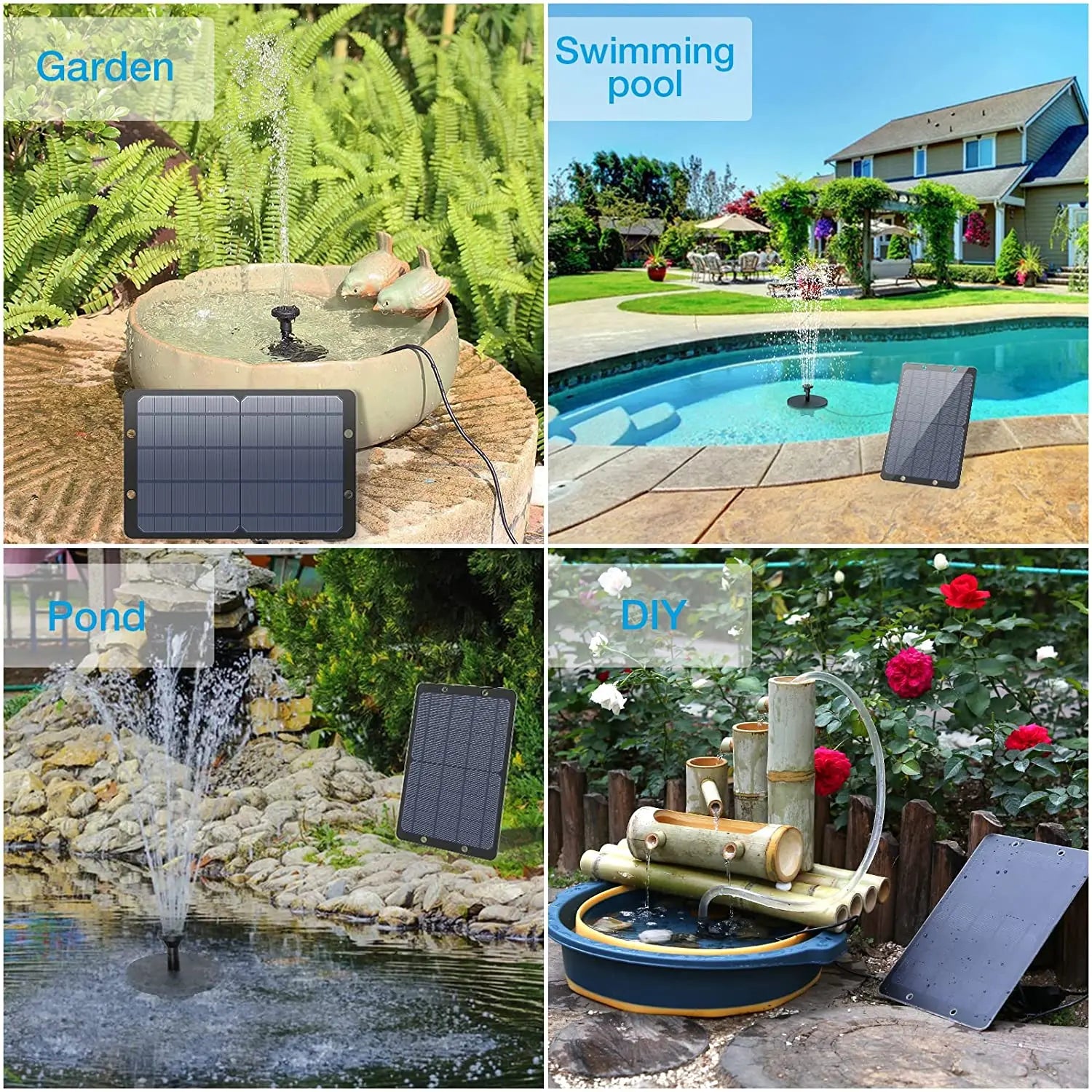AquaSprout | Solar-Wasserspiel | 9W Solarpanel | 4 Düsen für individuelle Fontänen