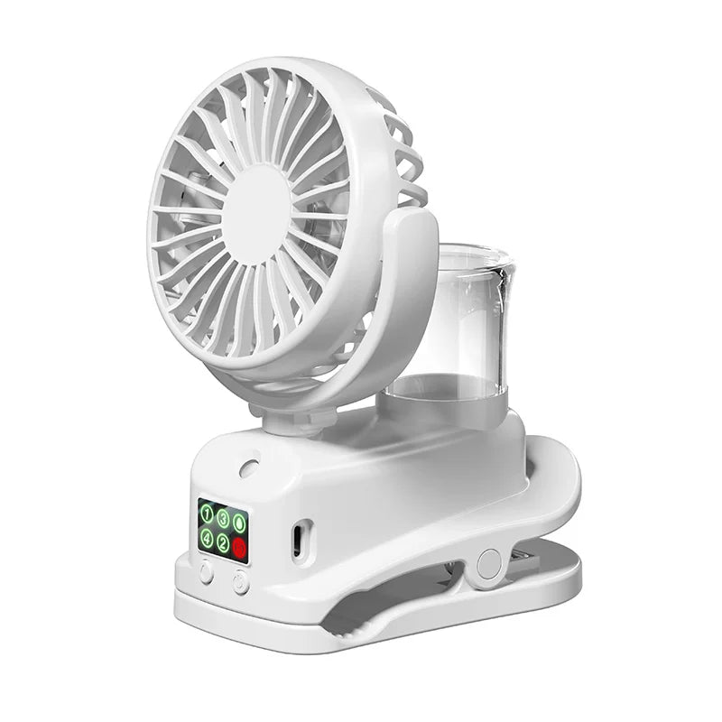 MistCool Mini-Sprühventilator | 4 Windstufen | Sprühnebel & Lüftung | USB & Clip