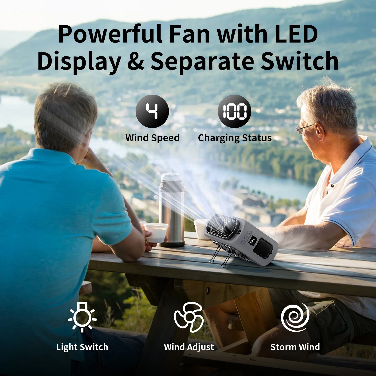 WindFlex | Tragbarer Ventilator mit Powerbank | 5 Windmodi & LED-Licht