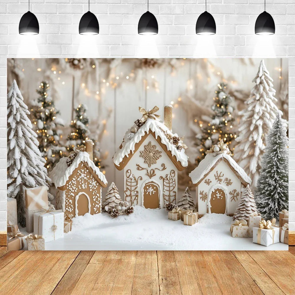 Holvinea | Weihnachts-Fotohintergrund | Miniatur Weihnachtshaus und Baum | Familien- & Kinderportrait-Dekor | Vinyl/Polyester/Velours | 300×200 cm