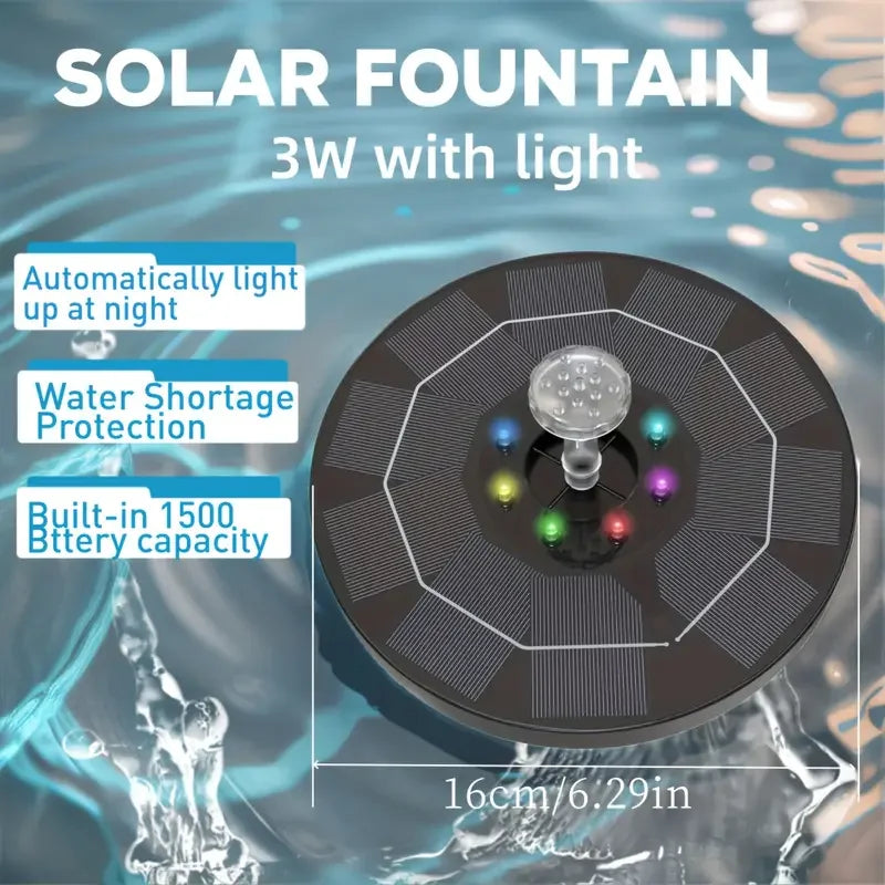 AquaGlow | Solar-Wasserbrunnen mit RGB LED | 6 Düsenaufsätze | 3.5W Solarpanel