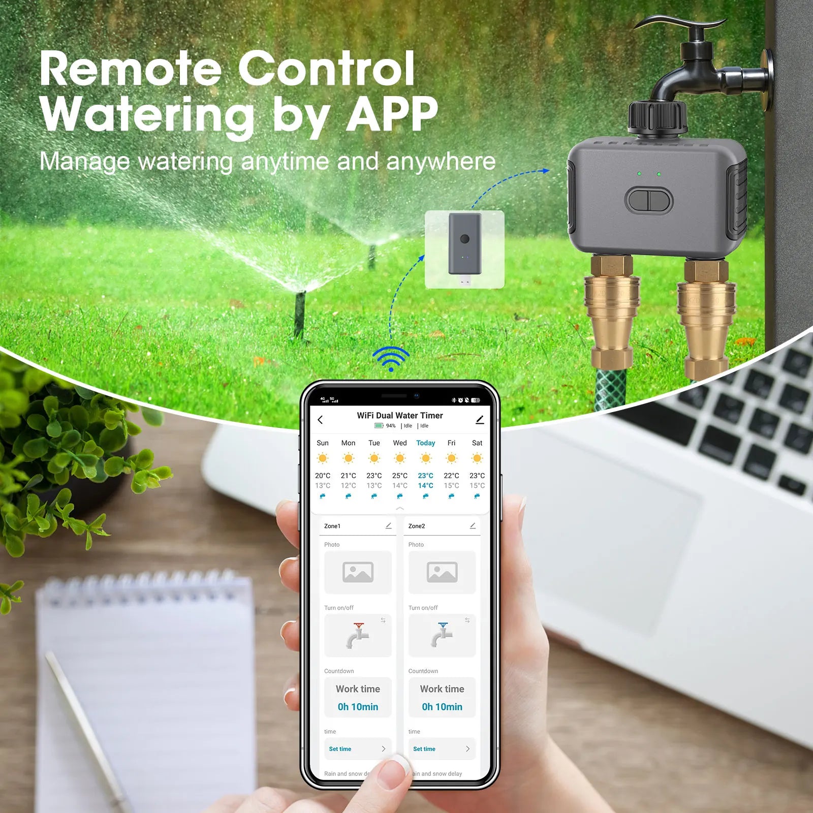 AquaFlow Smart Bewässerungstimer | 2-Zonen Steuerung | Mit Regenverzögerung & Tuya-Kompatibilität