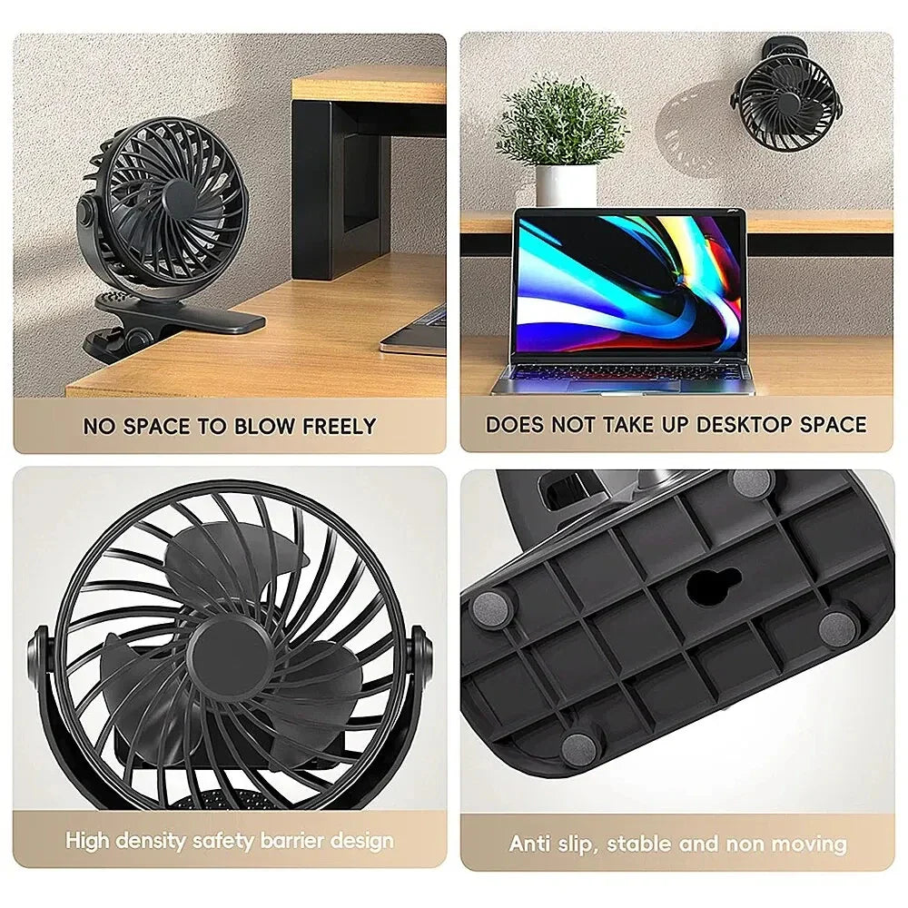 CoolClipX | USB Clip- & Tischventilator | 360° Rotation & Nachtlicht | Für Büro, Zuhause & Unterwegs