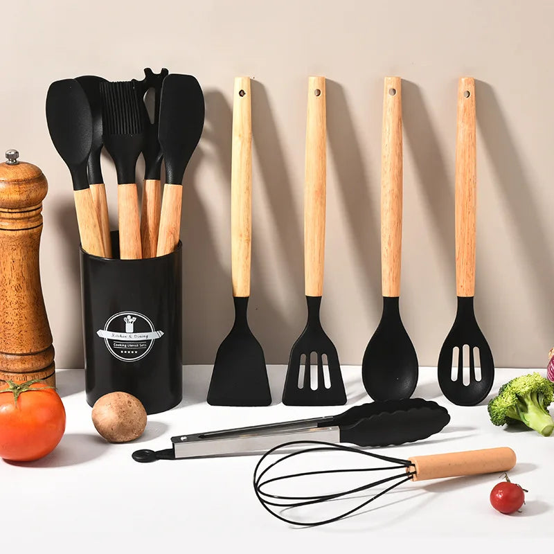 Mistrano | Küchenhelfer-Set | Silikon, Holzgriff, 12-teilig | Für Kochen, Braten & Servieren