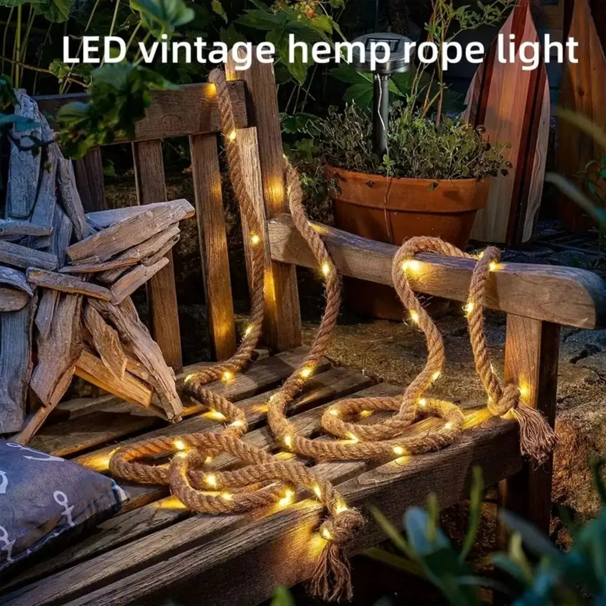 SolarGleam RopeLight | Solar Lichterkette | Retro-Hanfseil | Warmweiß | Für Garten, Balkon & Terrasse