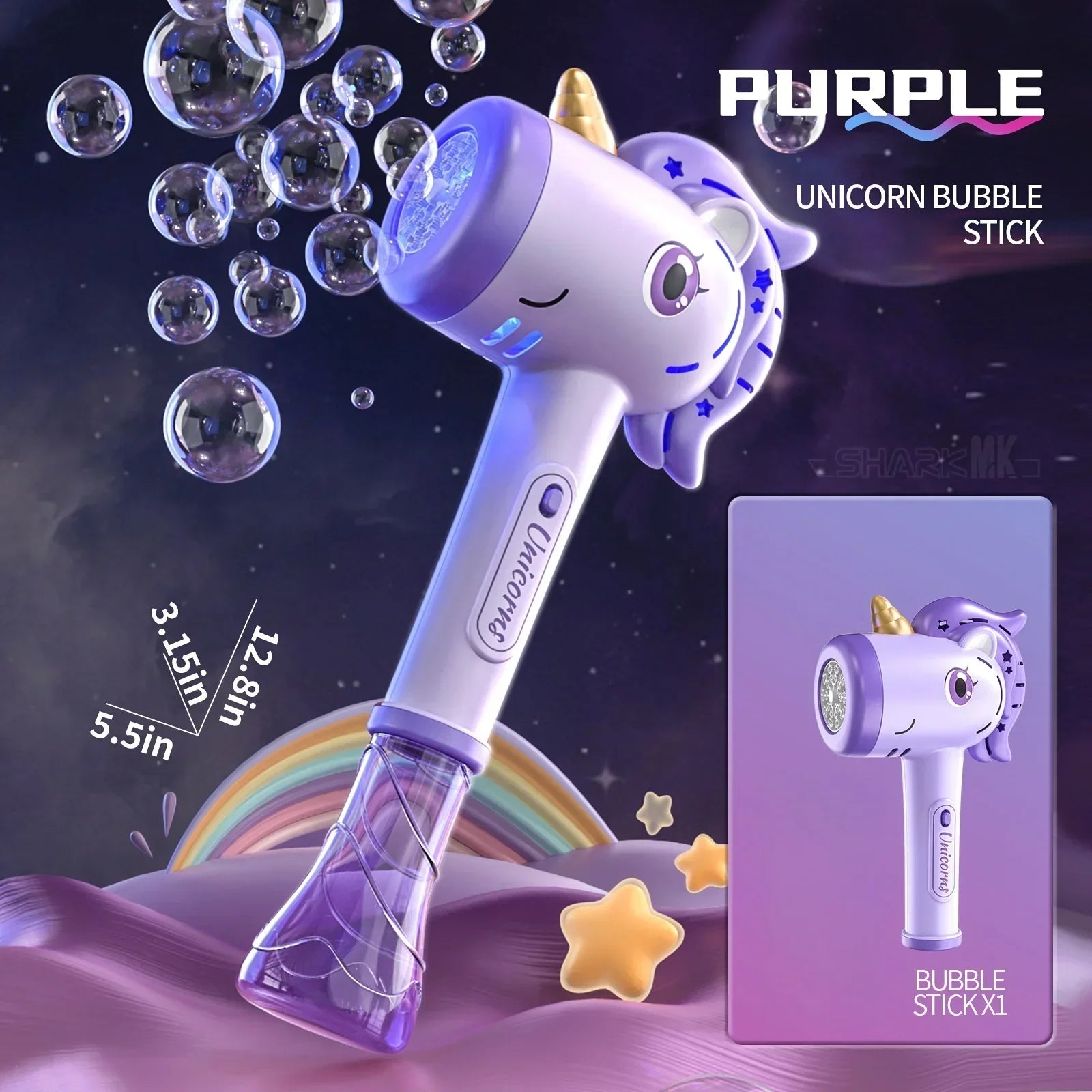 BubbleStar | Automatischer Seifenblasenstab | Mit LED-Lichtern | Unicorn Design