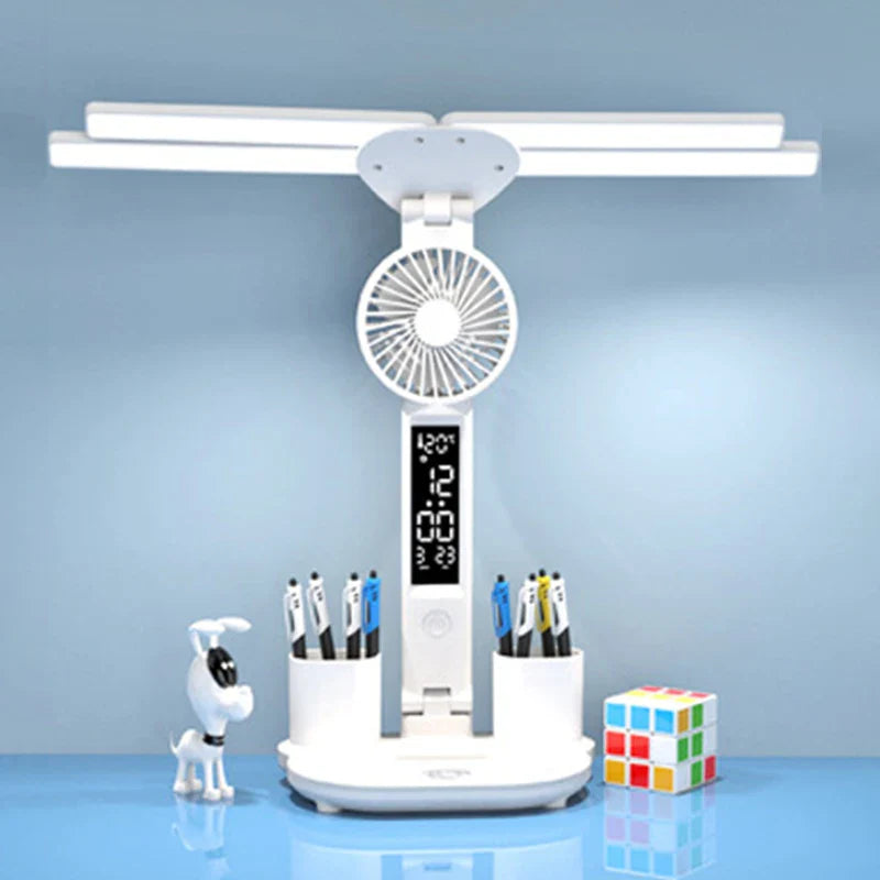 AuraFlex | LED-Tischlampe mit Ventilator | 3-in-1 Design | Touch-Steuerung & USB-Akku