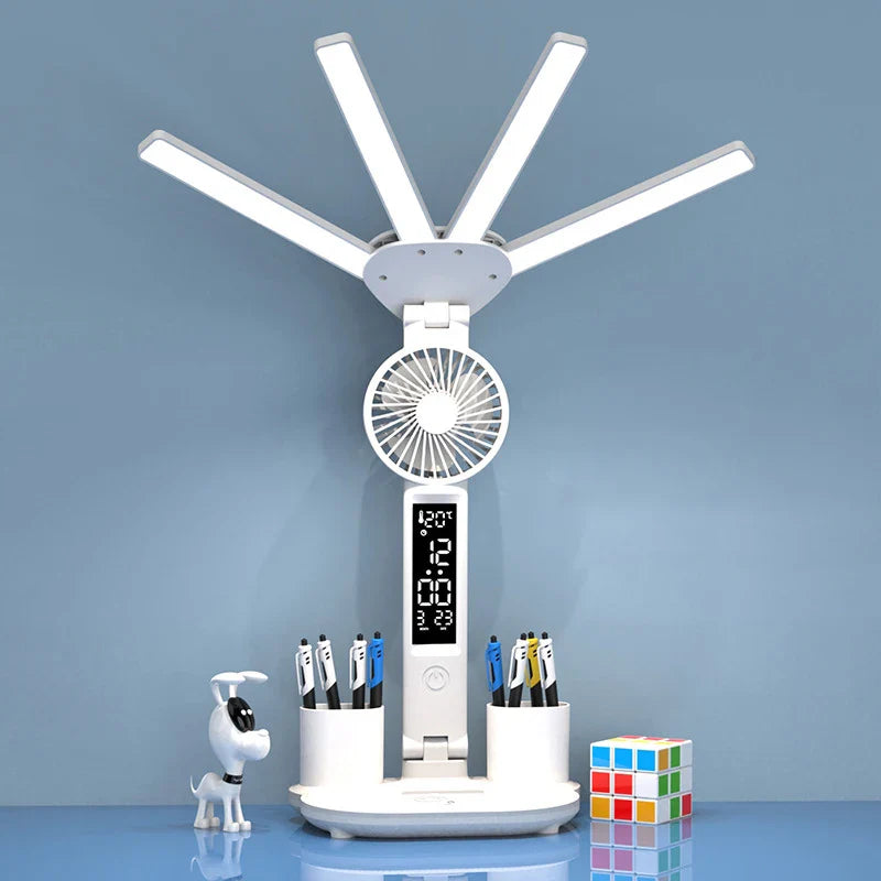 AuraFlex | LED-Tischlampe mit Ventilator | 3-in-1 Design | Touch-Steuerung & USB-Akku
