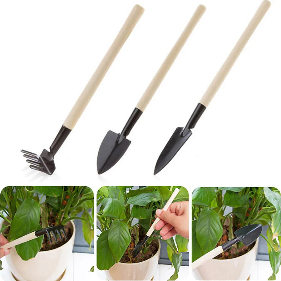 Florvix Gartenset 3-teilig | Handwerkzeug-Set mit Holzgriffen | Für Umtopfen & Pflanzen | Kompakt & langlebig | Ideal für Balkon, Garten & Innenbereich