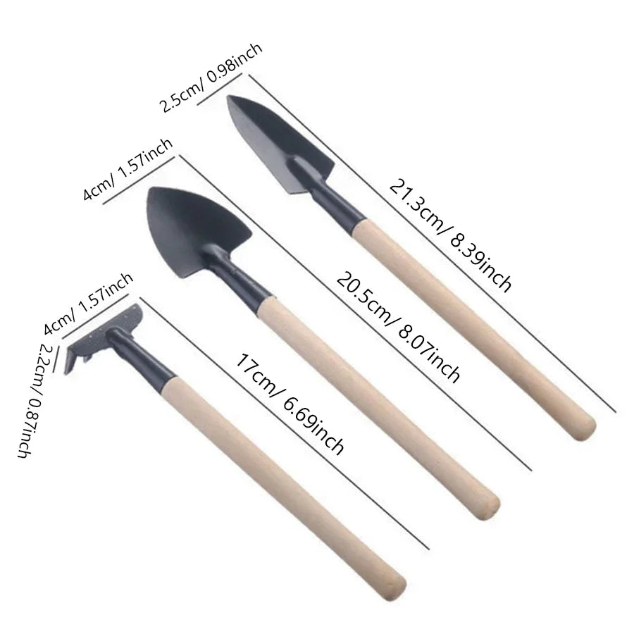 Florvix Gartenset 3-teilig | Handwerkzeug-Set mit Holzgriffen | Für Umtopfen & Pflanzen | Kompakt & langlebig | Ideal für Balkon, Garten & Innenbereich
