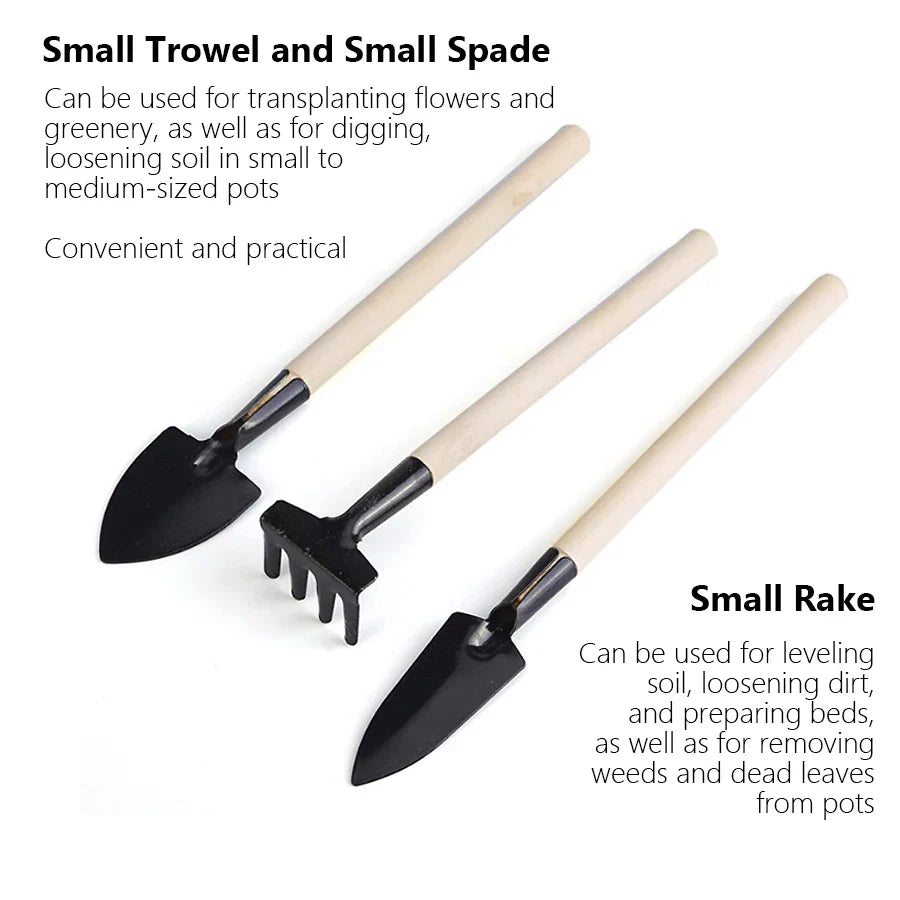 Florvix Gartenset 3-teilig | Handwerkzeug-Set mit Holzgriffen | Für Umtopfen & Pflanzen | Kompakt & langlebig | Ideal für Balkon, Garten & Innenbereich