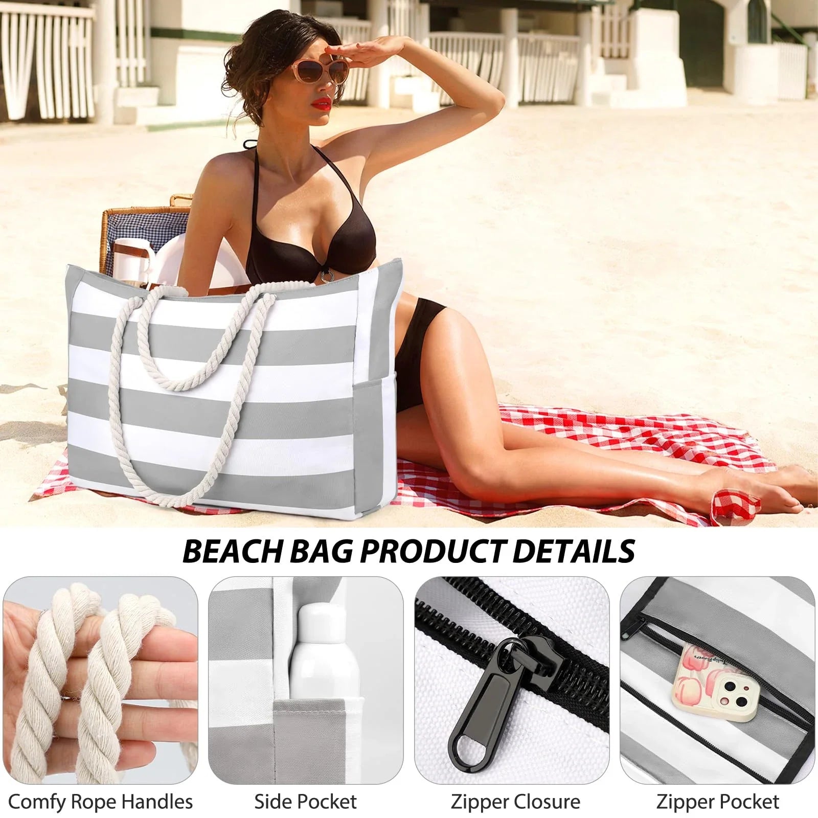 BeachVibe | Strandtasche | Wasser- & Sandabweisend | Leicht & Kompakt | Stylisch Gestreift