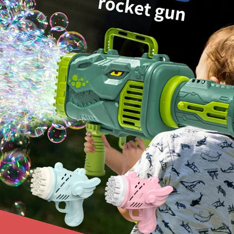 BubbleDino Mini Seifenblasenmaschine | Dinosaurier Design | 32 Düsen | LED-Licht | Für Kinder & Outdoor