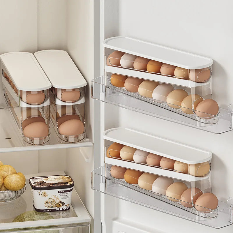 Eggora | Eierhalter mit Rollfunktion | 2 Etagen, 14 Eier, BPA-frei & rutschfest | Platzsparende Aufbewahrung im Kühlschrank & Küche
