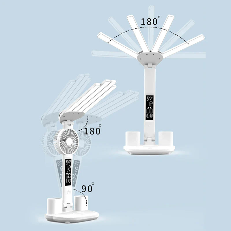 AuraFlex | LED-Tischlampe mit Ventilator | 3-in-1 Design | Touch-Steuerung & USB-Akku