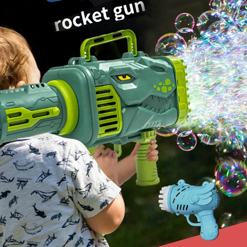 BubbleDino Mini Seifenblasenmaschine | Dinosaurier Design | 32 Düsen | LED-Licht | Für Kinder & Outdoor