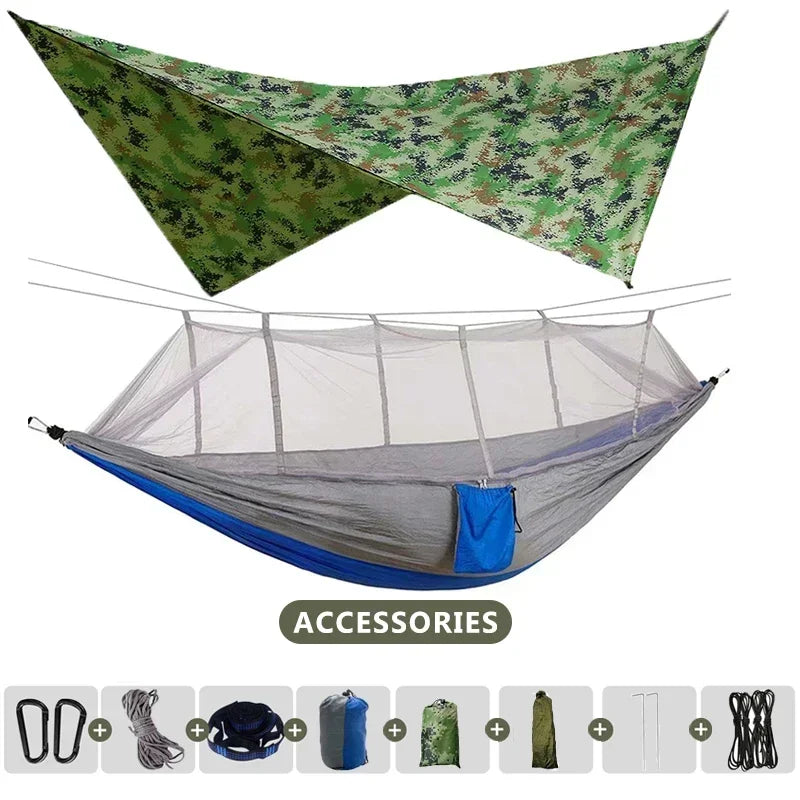 OutlandEase | Doppel-Hängematte mit Moskitonetz & Regendach | Ultraleicht & Kompakt für Camping & Reisen