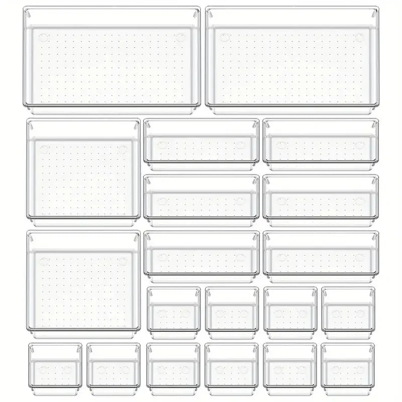 Clearyx Organizer Set | 18-teilig Transparent | Modular & Stapelbar | Für Bad, Küche & Büro