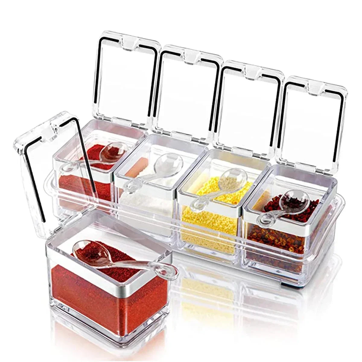 SpiceLuxe Quad | Gewürzbox Mit 4 Fächern & Löffeln | Transparent & Hygienisch | Für Küche & Grill
