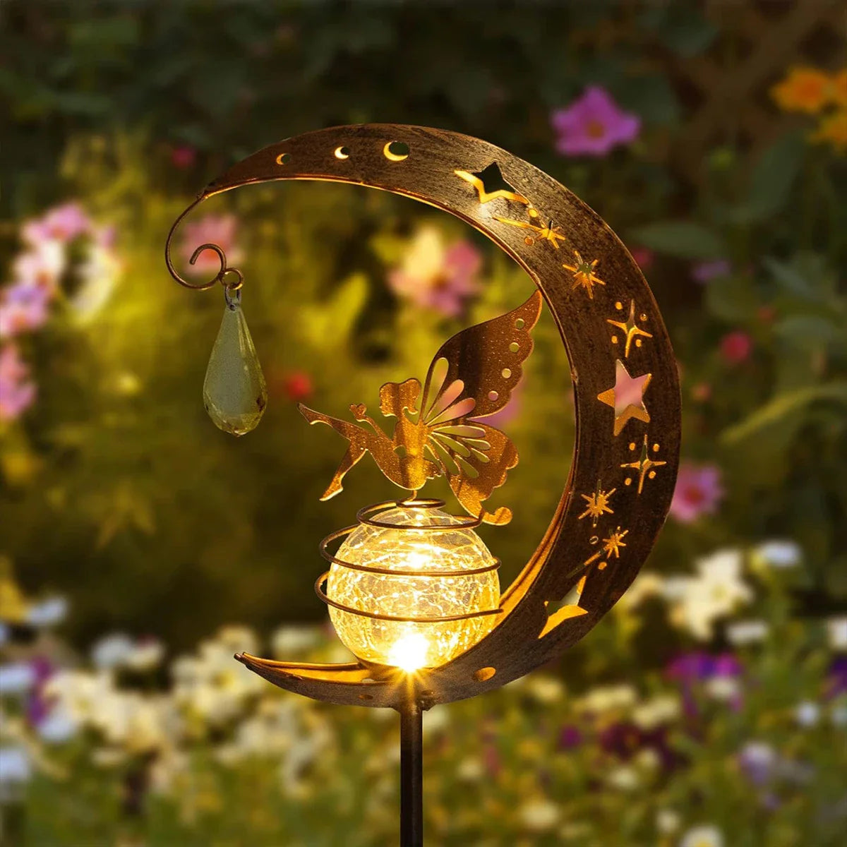 LumaGlow Solar-Gartenleuchte | Feenfigur im Mond | Rissglas-Kugel | Solarenergie | Wetterfest