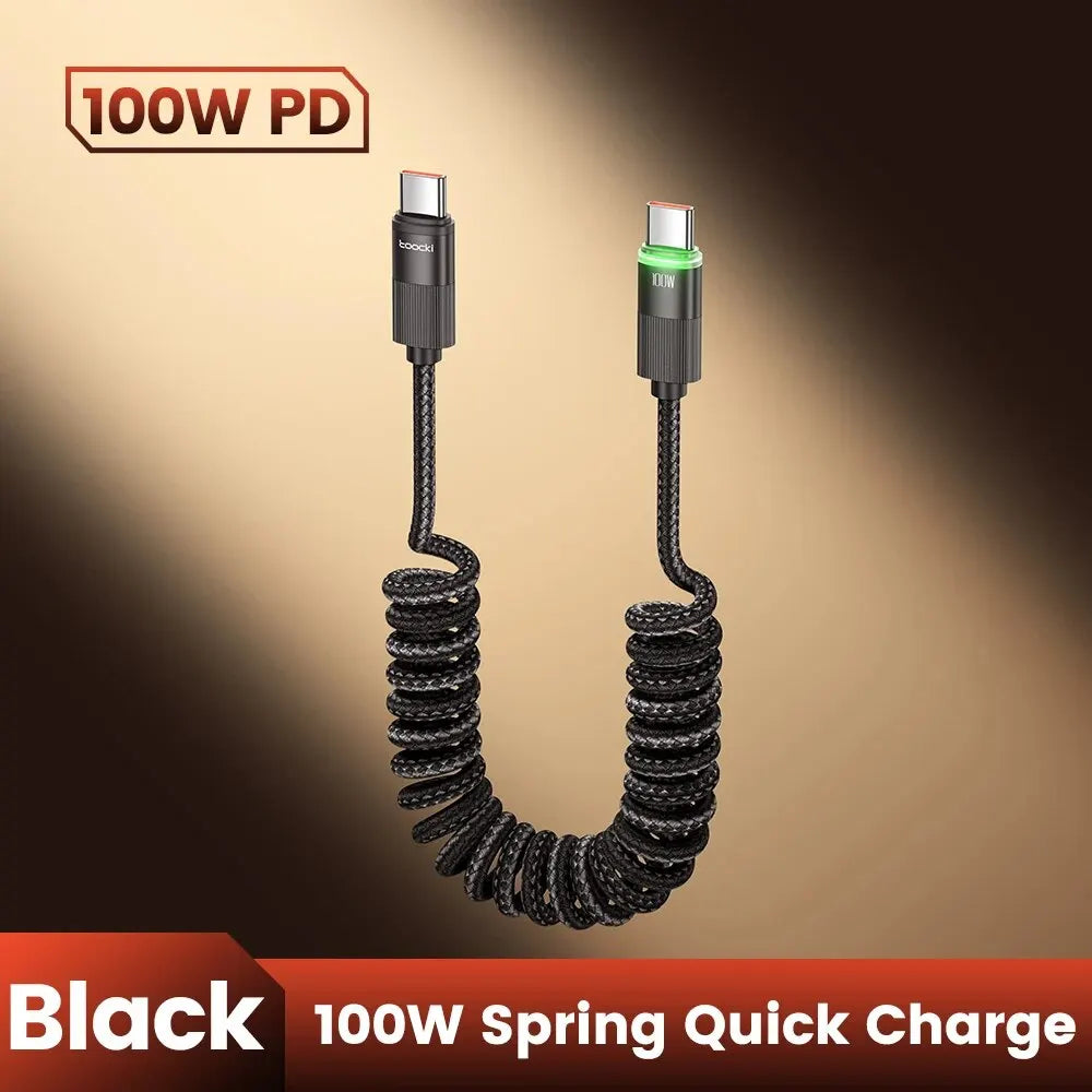 PowerLinx USB-C Kabel | 100W Schnellladen | Spiralkabel mit LED | 1,8m Dehnbar & Robust