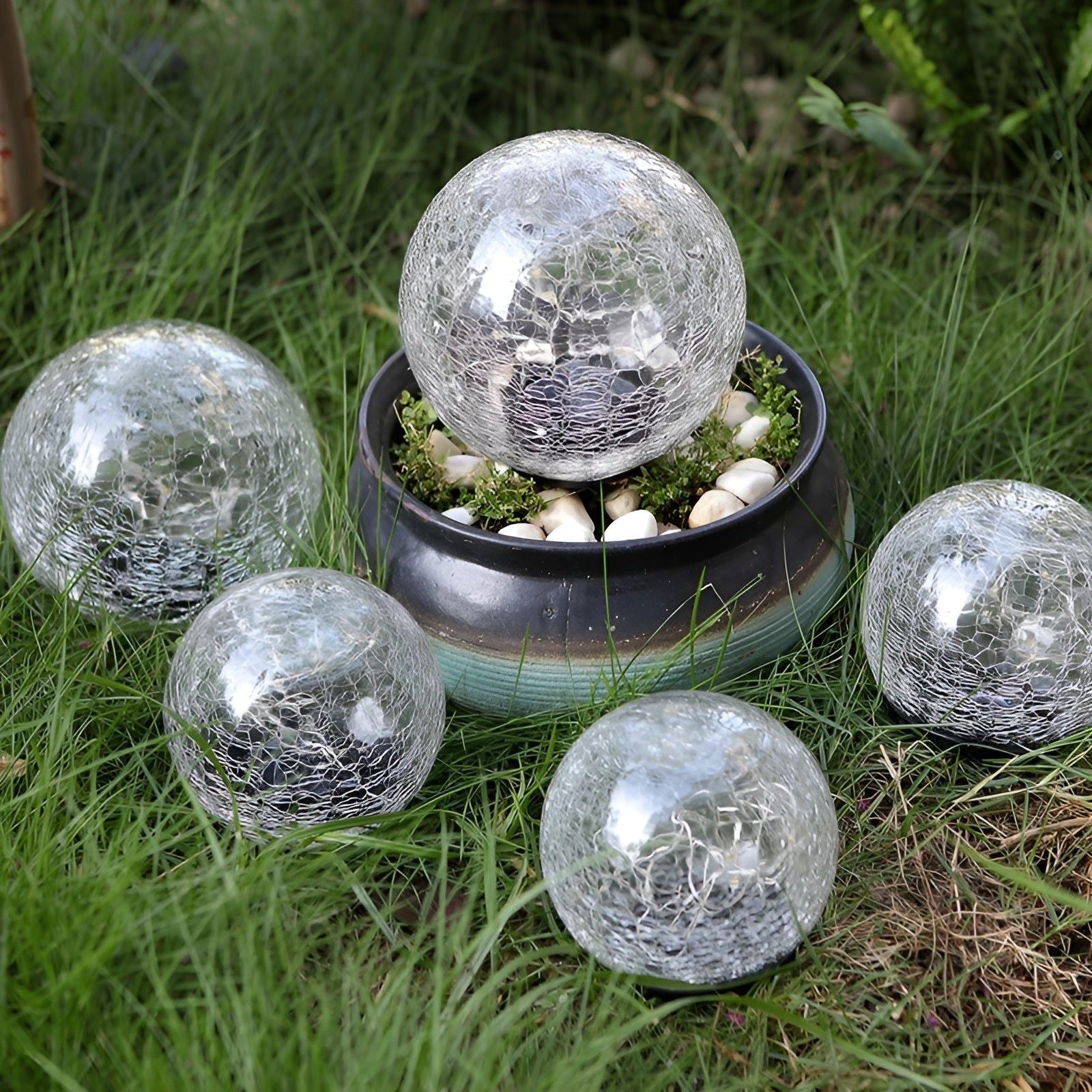 GlowSphere | Solar Gartenleuchte mit LED | 3D Bruchglas-Design | Automatischer Dämmerungssensor
