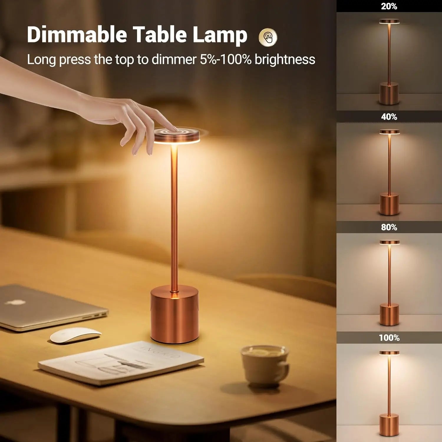 Valoria Touch Tischlampe | Kabellos & Dimmbar | Warmweiß LED | Aluminiumgehäuse