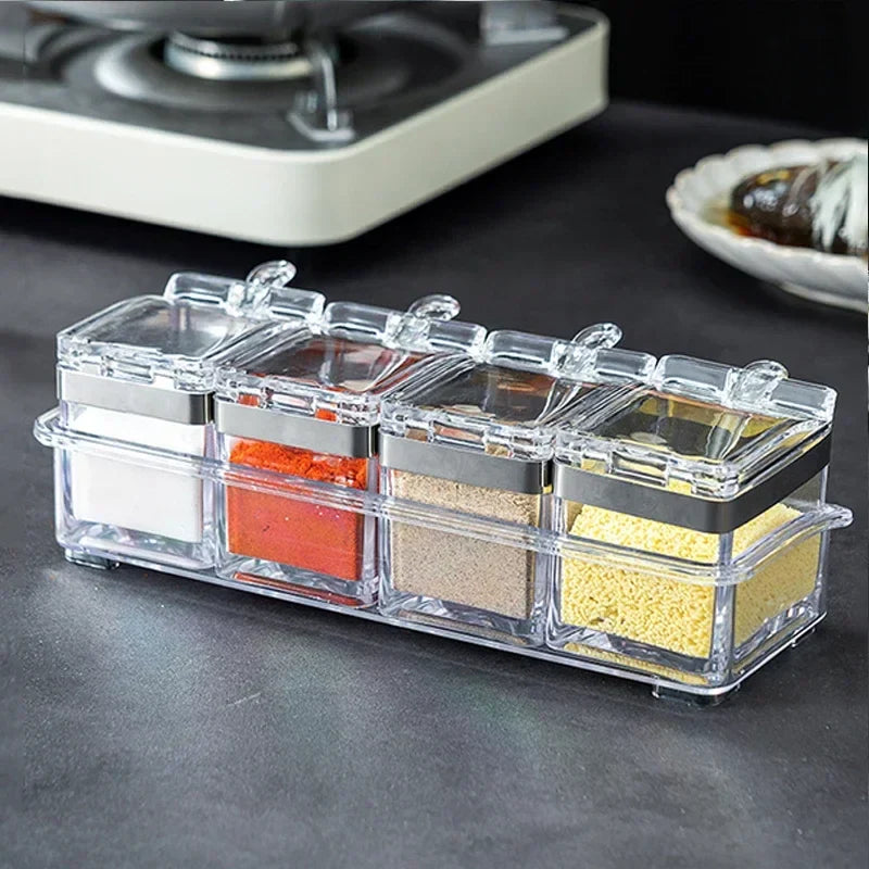 SpiceLuxe Quad | Gewürzbox Mit 4 Fächern & Löffeln | Transparent & Hygienisch | Für Küche & Grill
