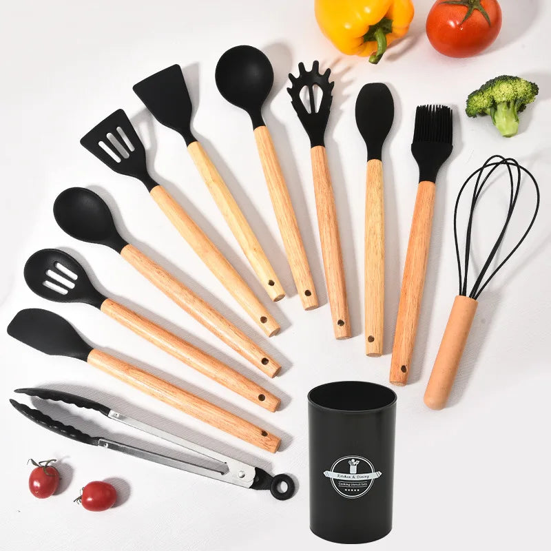 Mistrano | Küchenhelfer-Set | Silikon, Holzgriff, 12-teilig | Für Kochen, Braten & Servieren