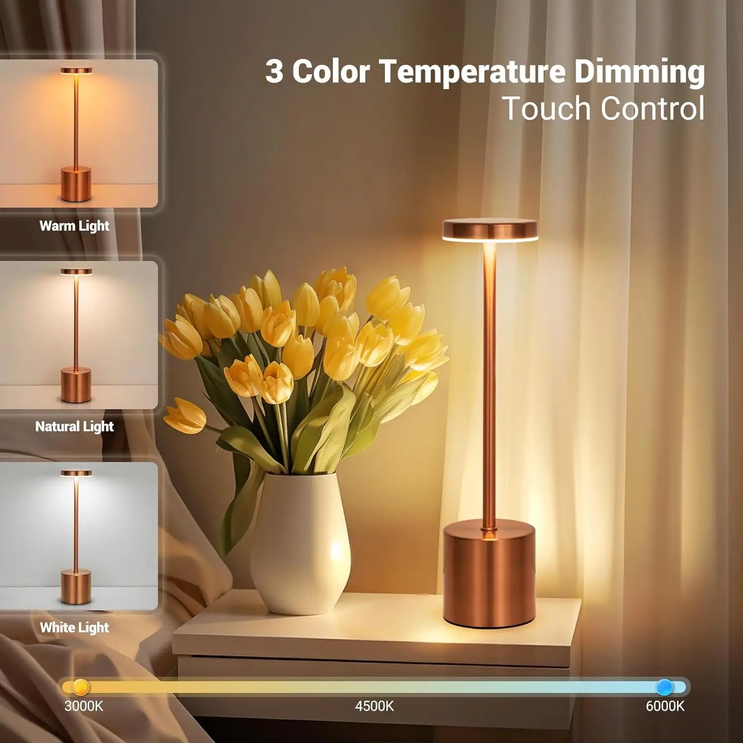 Valoria Touch Tischlampe | Kabellos & Dimmbar | Warmweiß LED | Aluminiumgehäuse