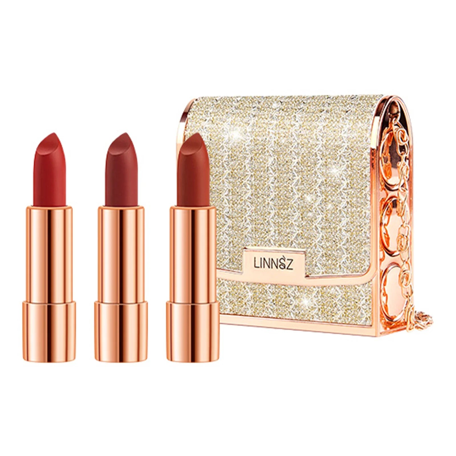 LuxeLips Trio | Mattes Lippenstift-Set | Wasserfest & Langhaftend | Mit Silber-Kettentasche