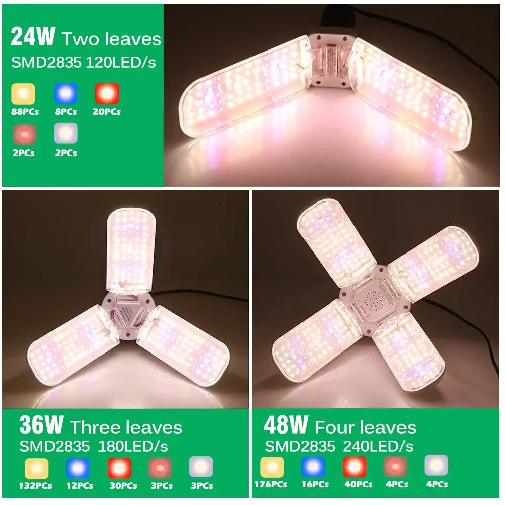 Floriva Pflanzenlampe | Faltbares Flügeldesign | Vollspektrum LED | 24W 36W 48W | E27 Sockel