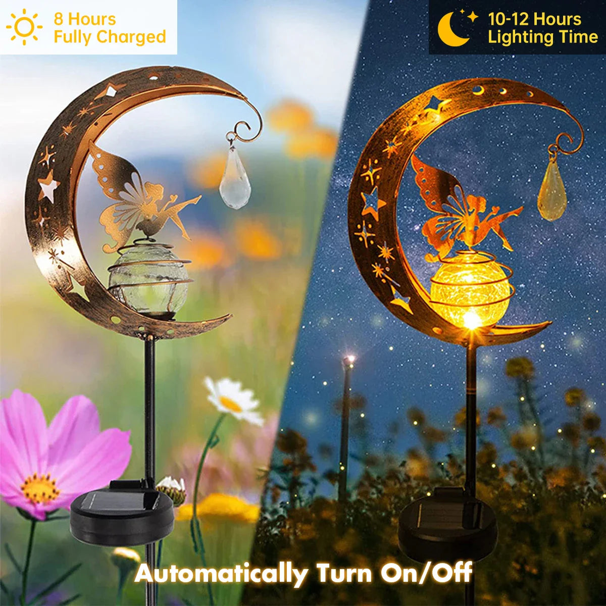 LumaGlow Solar-Gartenleuchte | Feenfigur im Mond | Rissglas-Kugel | Solarenergie | Wetterfest