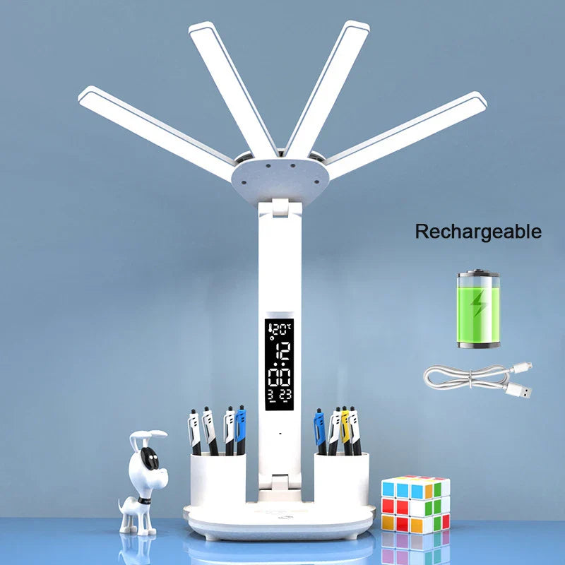 AuraFlex | LED-Tischlampe mit Ventilator | 3-in-1 Design | Touch-Steuerung & USB-Akku