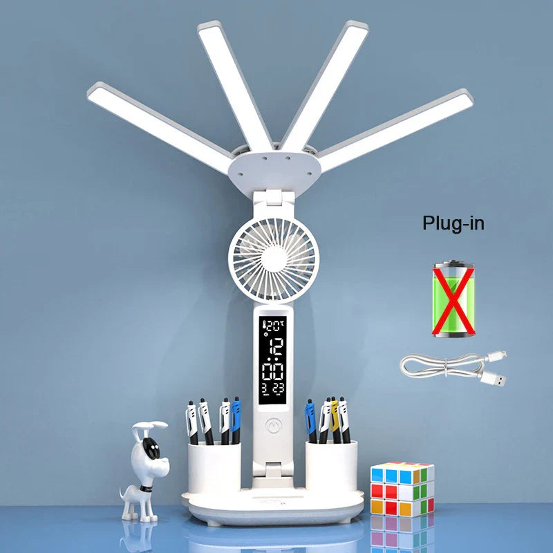 AuraFlex | LED-Tischlampe mit Ventilator | 3-in-1 Design | Touch-Steuerung & USB-Akku