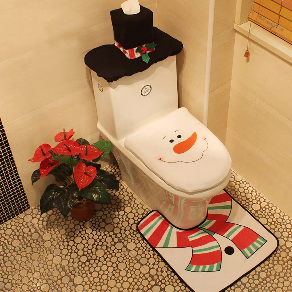 Noeliva | Weihnachts-Toiletten-Set | 3-teiliges Design mit Weihnachtsmann | Humorvolle Toilettendekoration mit Badematte & Spülkastenbezug | Weihnachtsdeko 2024