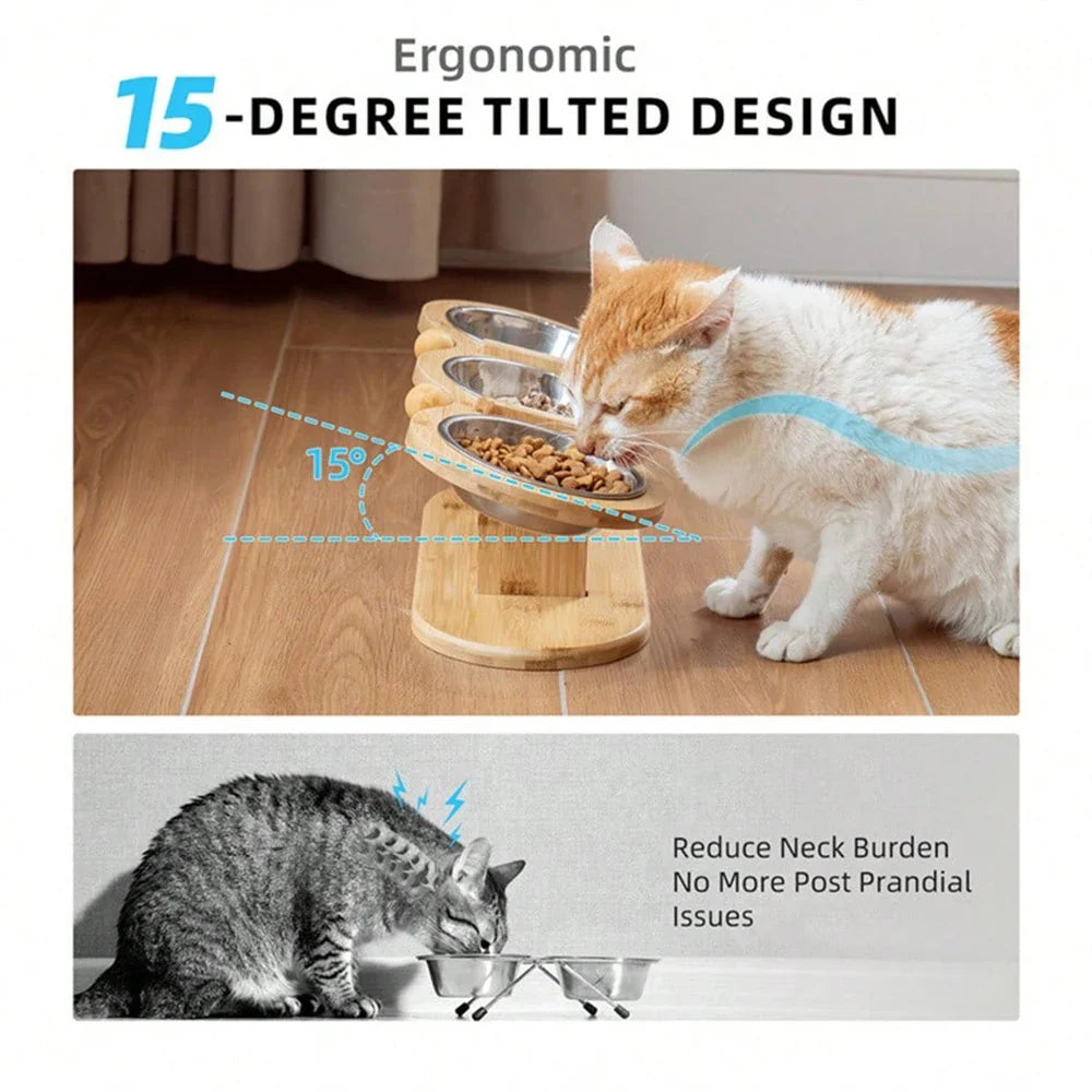 Petura | Erhöhtes Napf-Set für Katzen & kleine Hunde | 3 Edelstahlnäpfe mit Holzhalterung | Ergonomisch, hygienisch & stilvoll