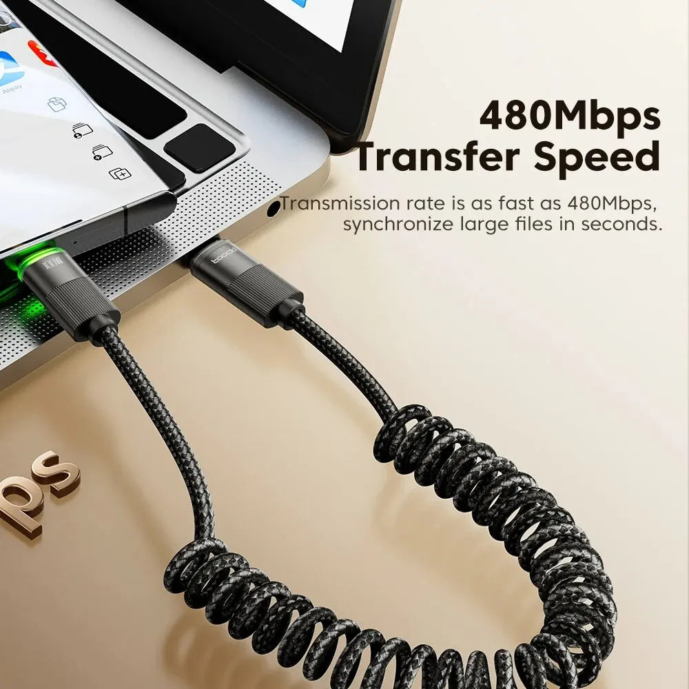 PowerLinx USB-C Kabel | 100W Schnellladen | Spiralkabel mit LED | 1,8m Dehnbar & Robust